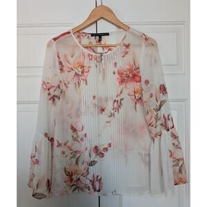 White House Black Market Sheer Floral Bell Sleeve Blouse